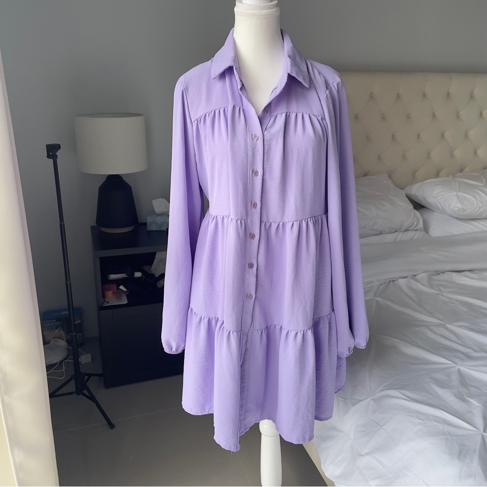 Lavender Button-Up Tiered Dress
